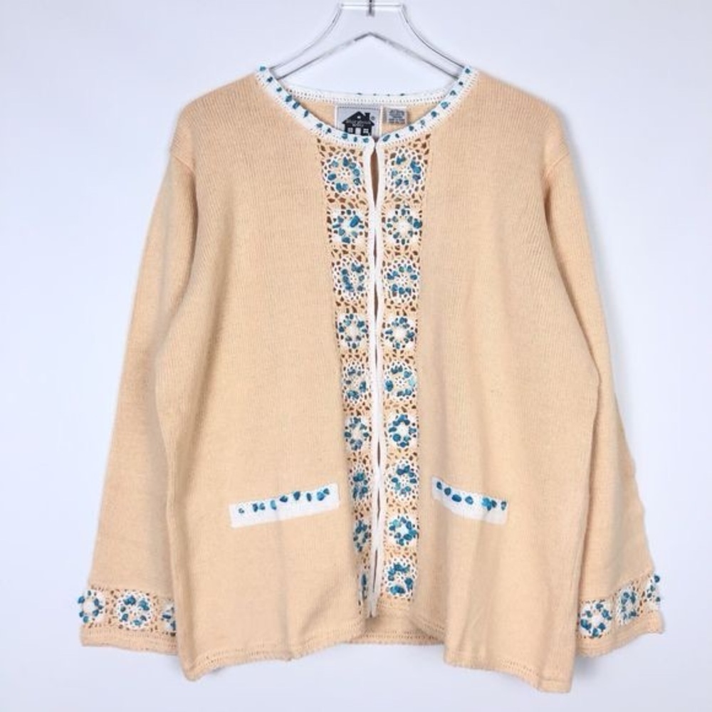 NWT Storybook Knits 2 Piece Crochet Turquoise Embellished Cardigan Sweater Pants